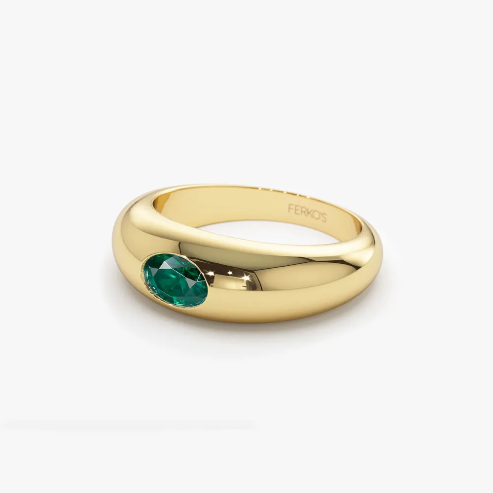 14k Flush Set Oval Emerald Dome Ring