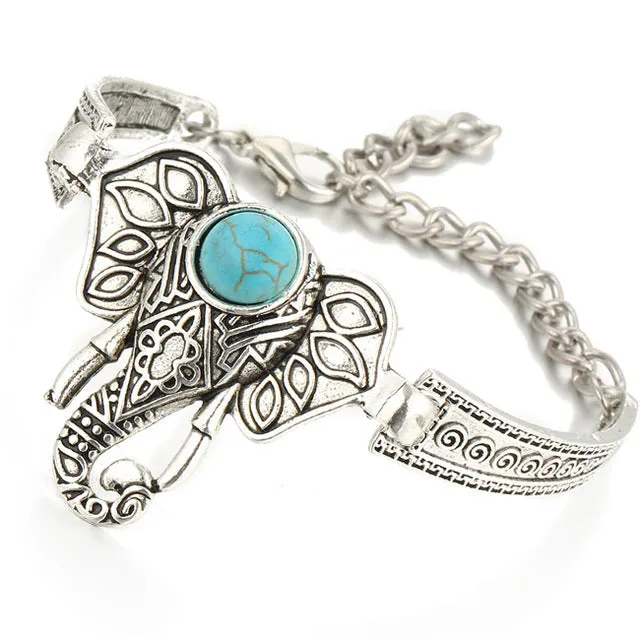 17KM Silver Color Bracelet Owl Elephant Women Bohemian Blue Stone Charm Bracelets Bangles Boho Jewelry Crystal Pulseras