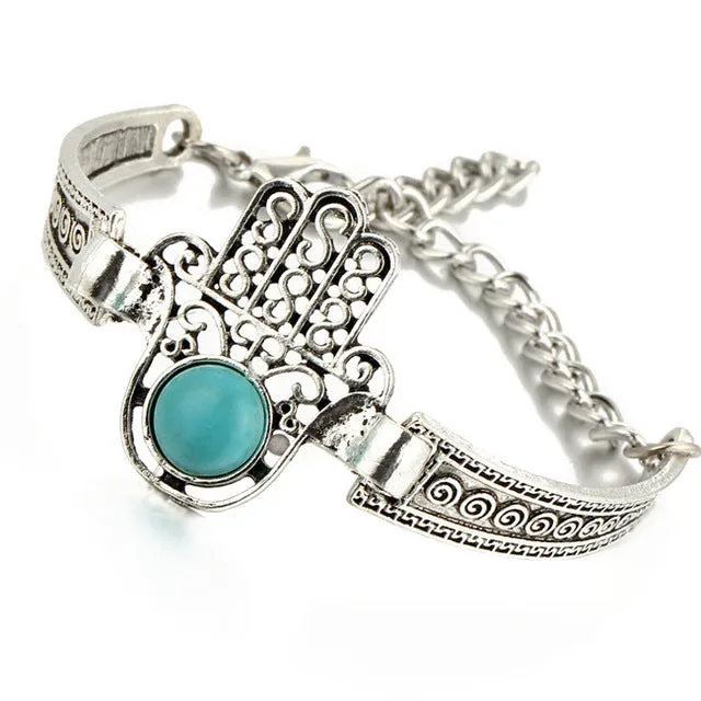 17KM Silver Color Bracelet Owl Elephant Women Bohemian Blue Stone Charm Bracelets Bangles Boho Jewelry Crystal Pulseras