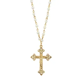 1928 Jewelry 4mm Faux Pearl Chain Gold Crucifix Cross Pendant Necklace 16"   3" Extender