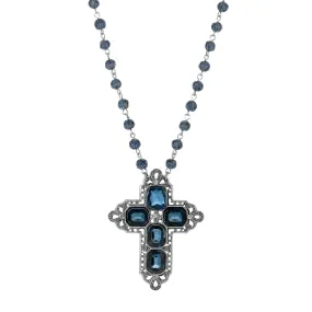 1928 Jewelry Antiqued Pewter Octagon Dark Blue German Glass Stones And Beaded Cross Necklace 16"   3" Extender