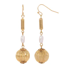 1928 Jewelry Biwa Faux Pearl Round Fluted Bead Dangle Earrings