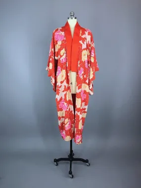 1930s Vintage Silk Kimono Robe / Red Peony Floral