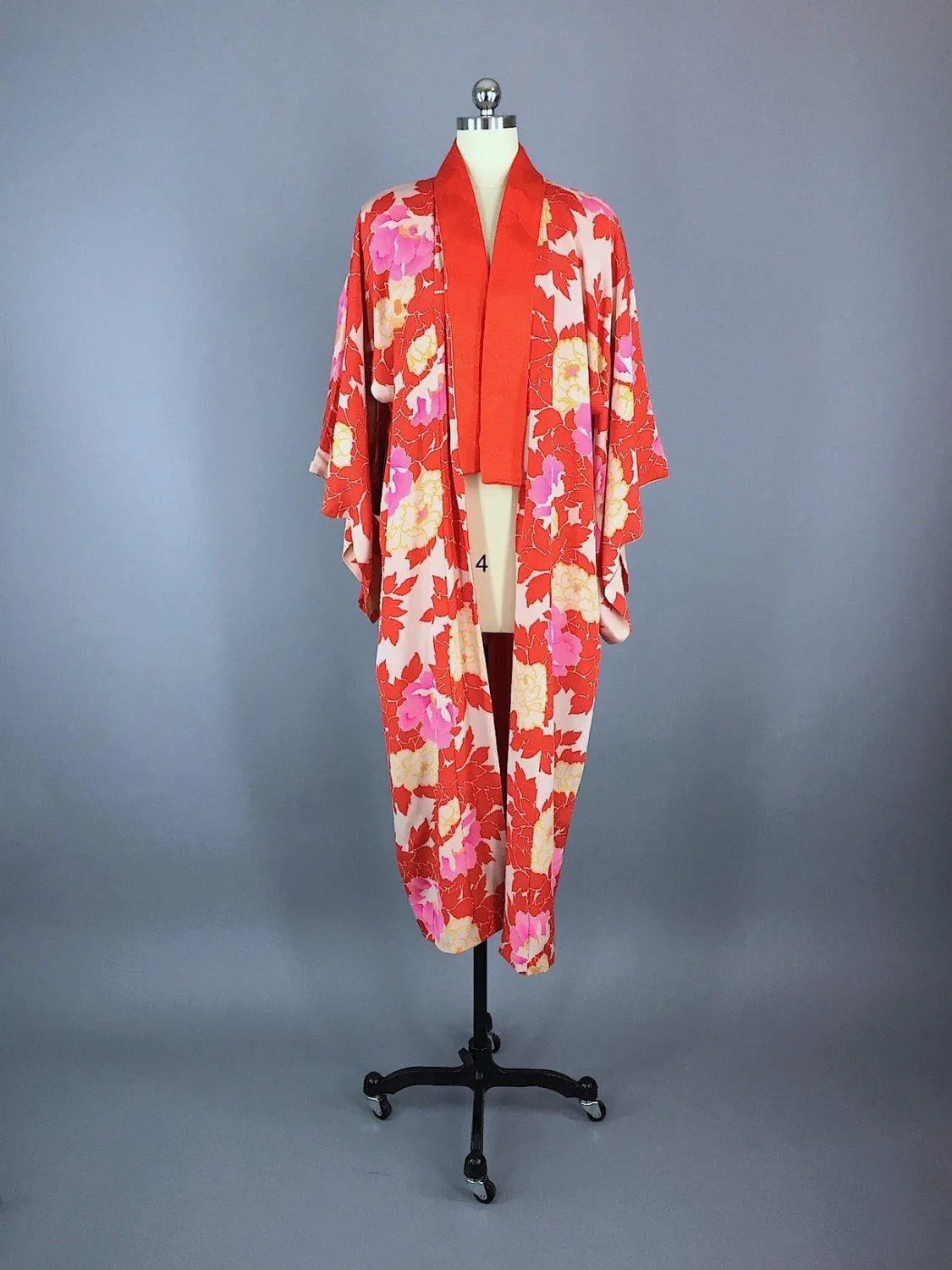 1930s Vintage Silk Kimono Robe / Red Peony Floral