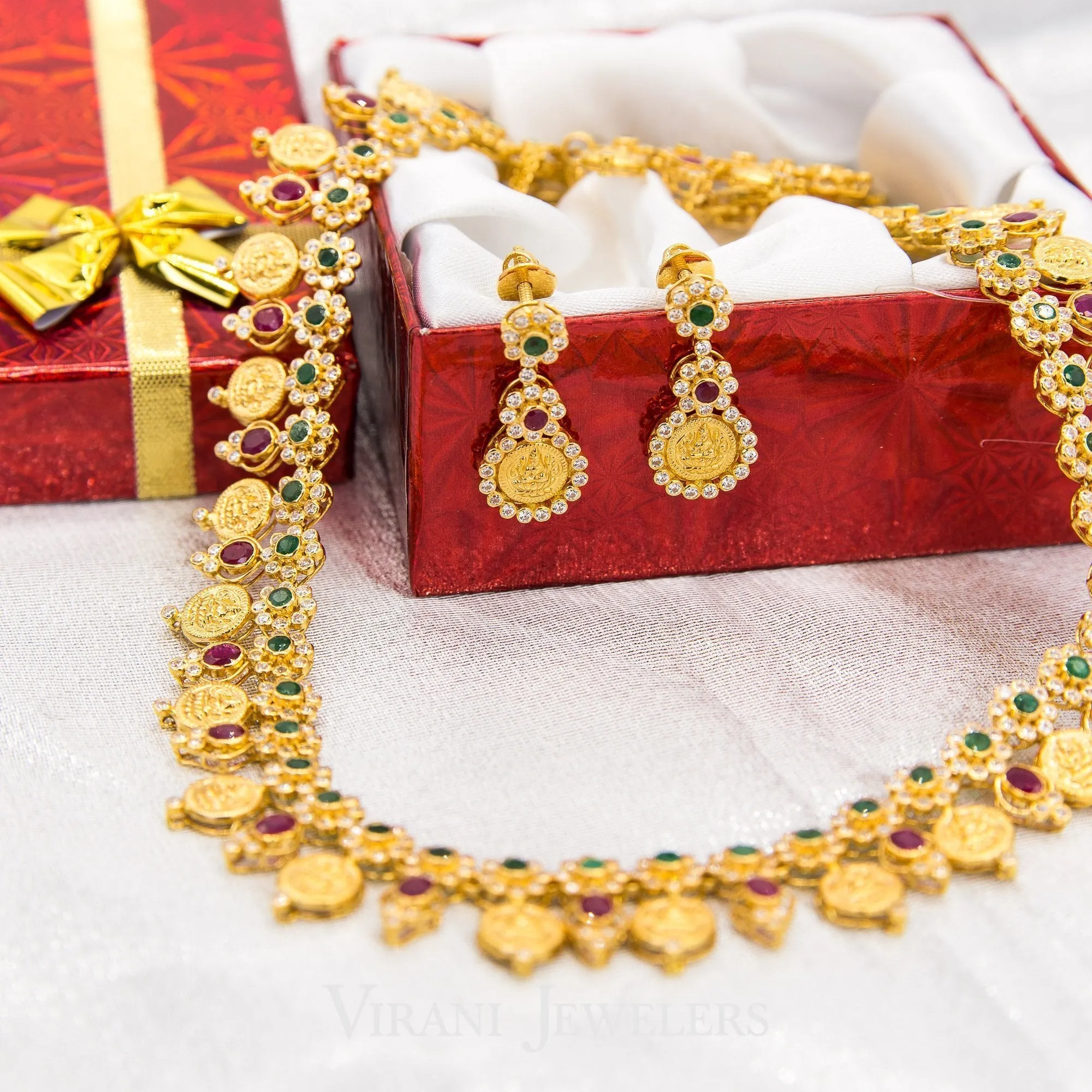 22K Gold CZ, Ruby, Emerald Necklace and Earrings Set