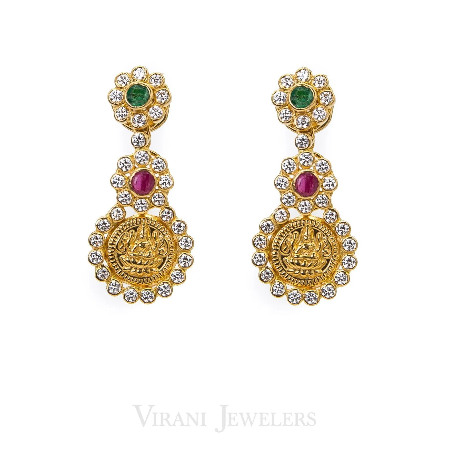 22K Gold CZ, Ruby, Emerald Necklace and Earrings Set