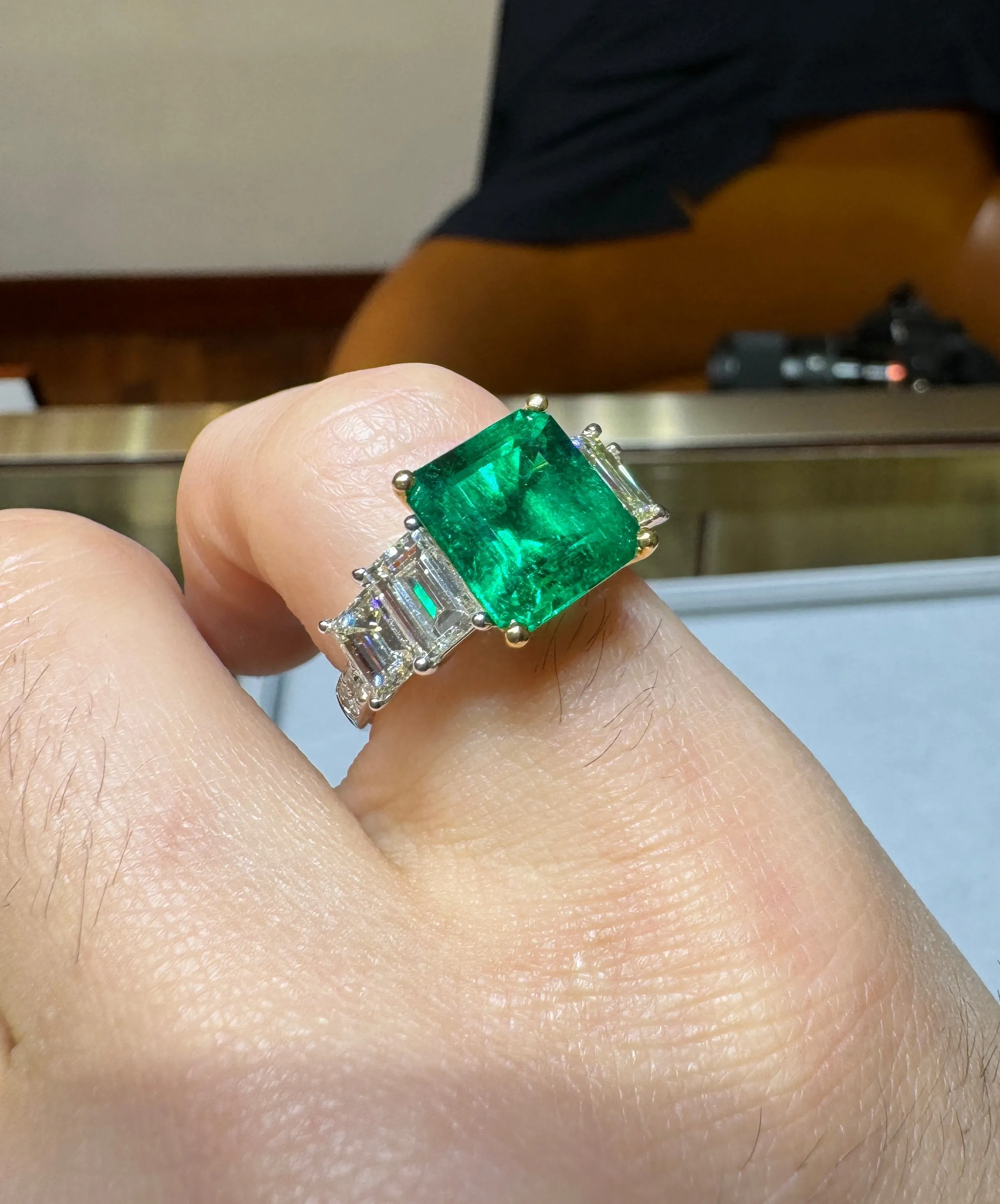 4.26 Carat Vivid Green Colombian Muzo Mine Emerald & Emerald Cut Side Diamond Ring