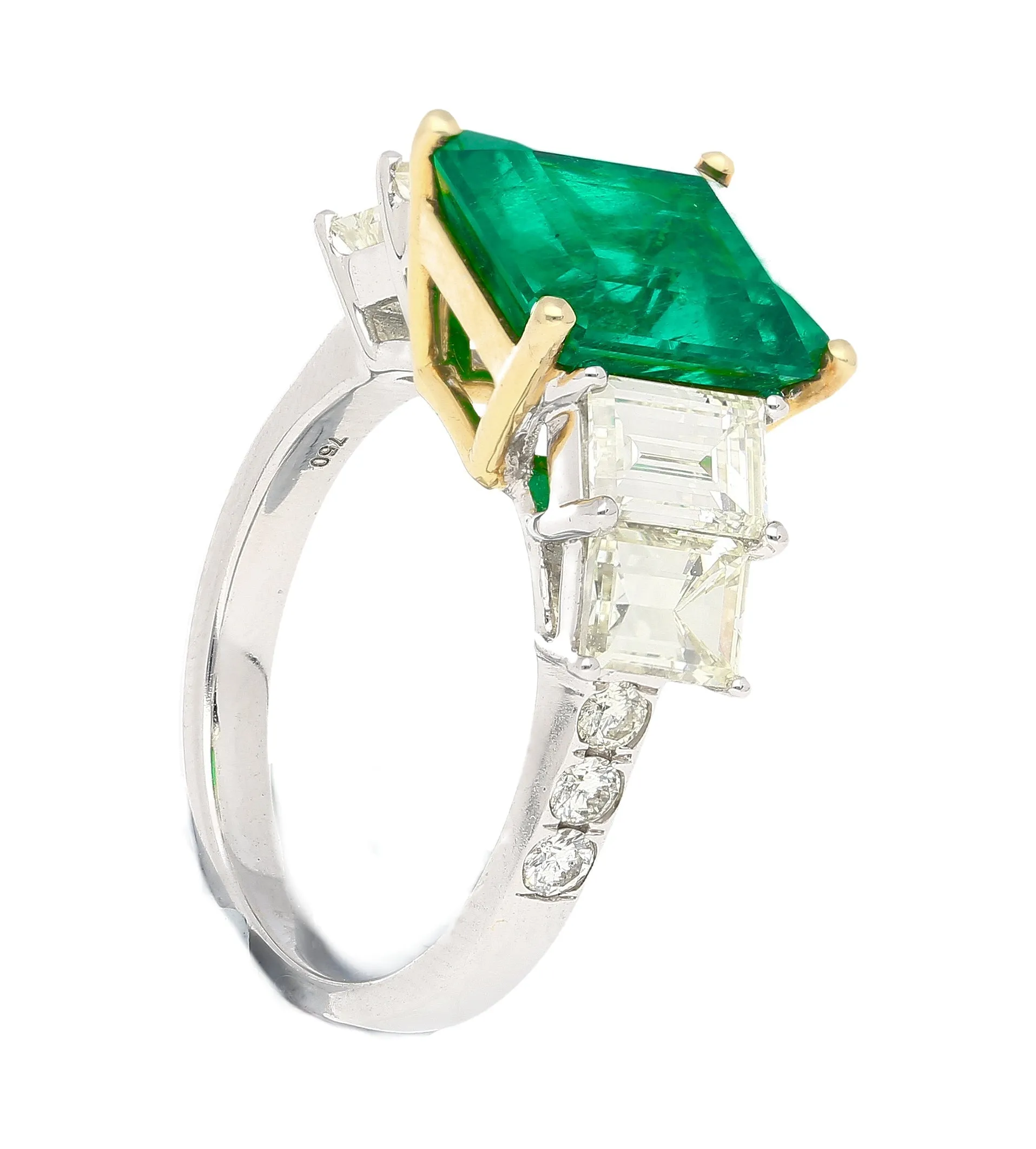 4.26 Carat Vivid Green Colombian Muzo Mine Emerald & Emerald Cut Side Diamond Ring