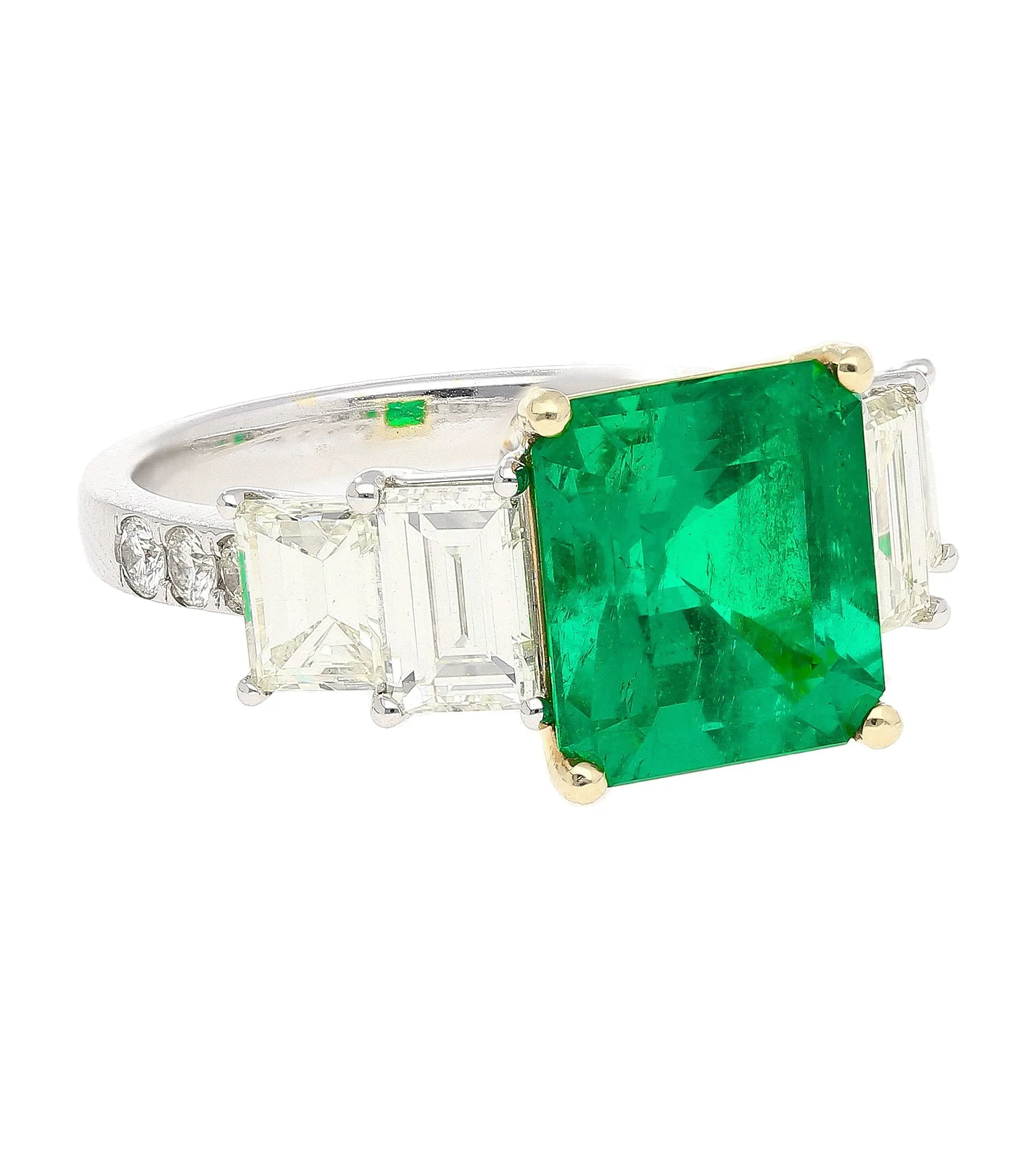 4.26 Carat Vivid Green Colombian Muzo Mine Emerald & Emerald Cut Side Diamond Ring