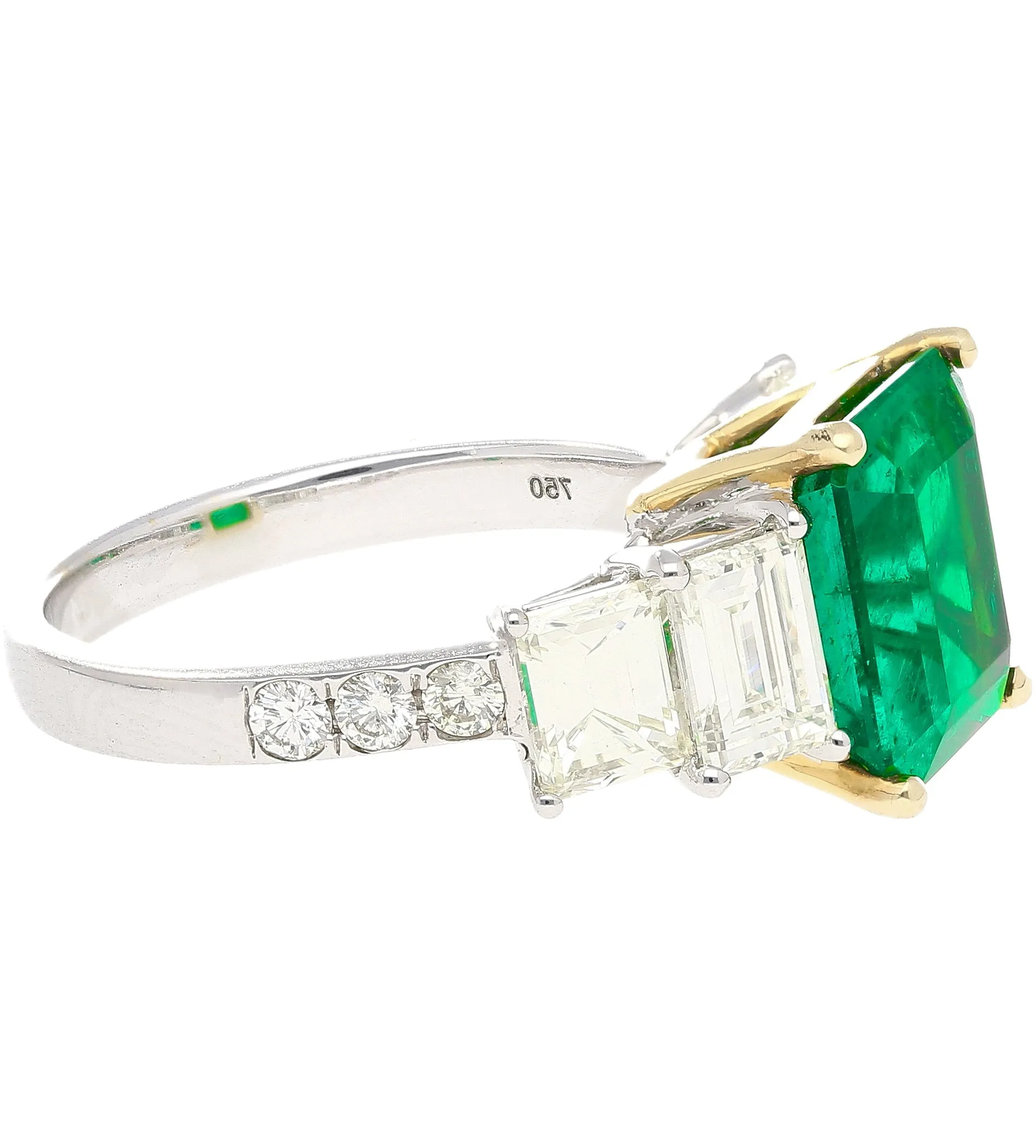 4.26 Carat Vivid Green Colombian Muzo Mine Emerald & Emerald Cut Side Diamond Ring