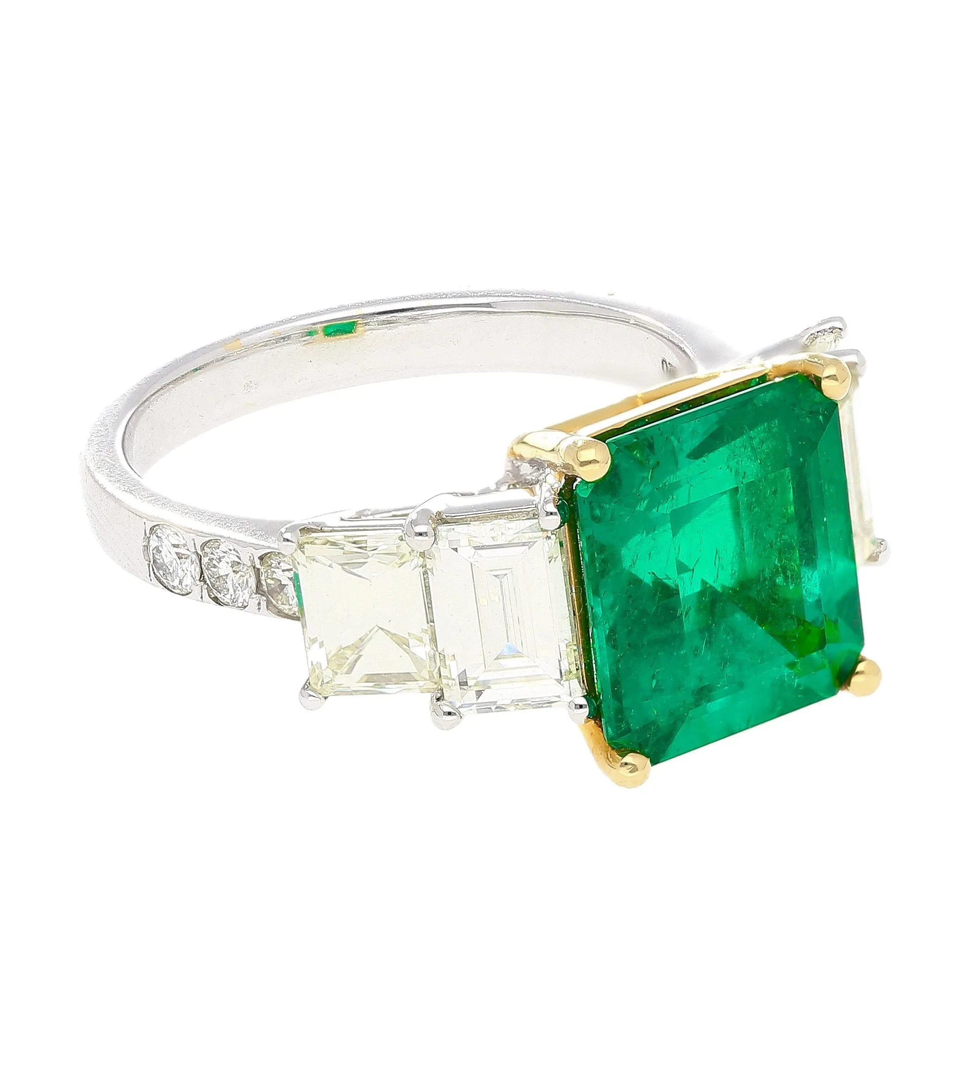 4.26 Carat Vivid Green Colombian Muzo Mine Emerald & Emerald Cut Side Diamond Ring