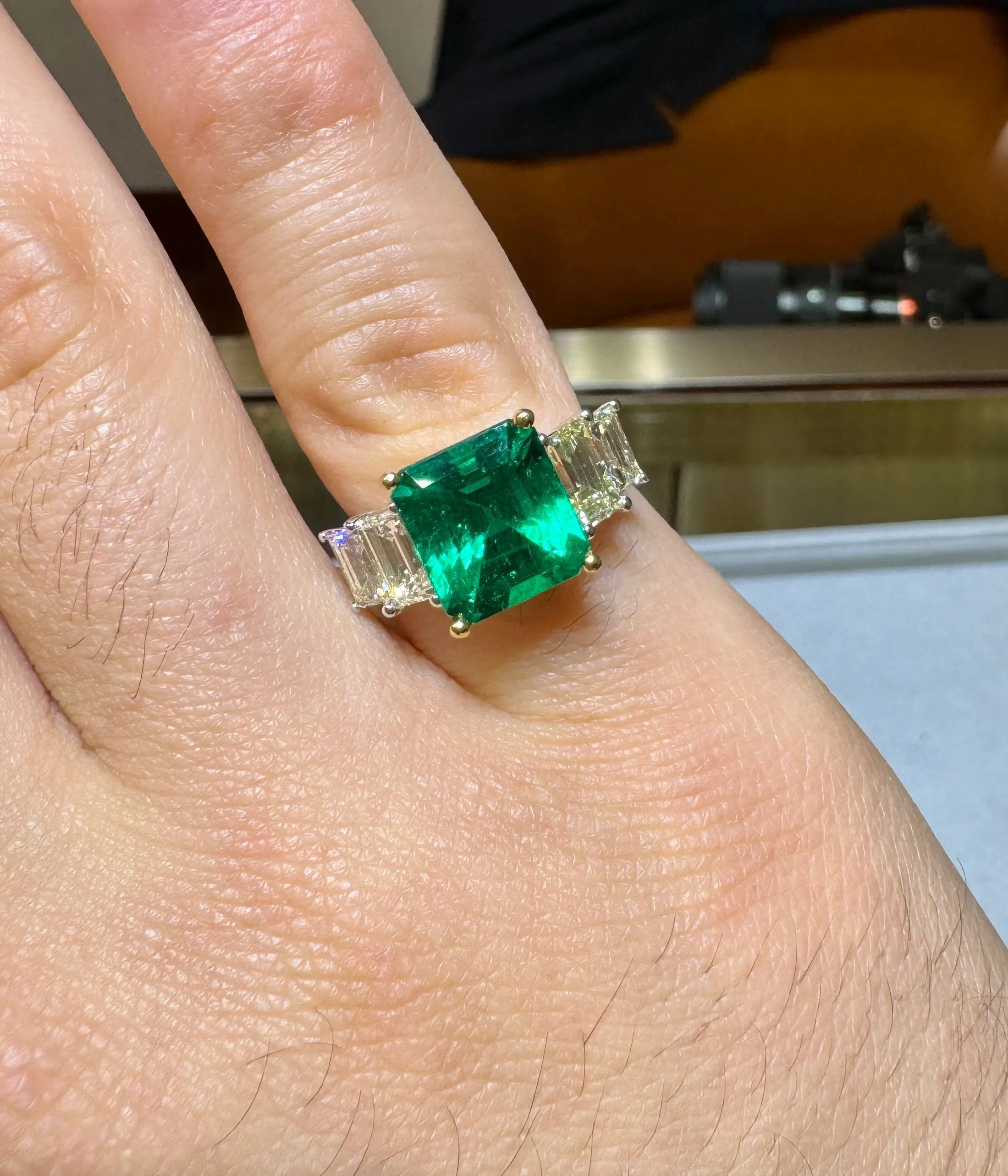 4.26 Carat Vivid Green Colombian Muzo Mine Emerald & Emerald Cut Side Diamond Ring