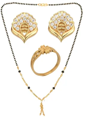 AanyaCentric Gold-plated Jewelry Combo: Elegant Short Mangalsutra, Finger Ring, and American Diamond Earrings Set