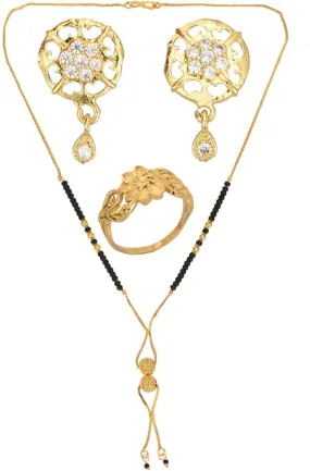 AanyaCentric Gold-plated Jewelry Combo: Elegant Short Mangalsutra, Finger Ring, and American Diamond Earrings Set