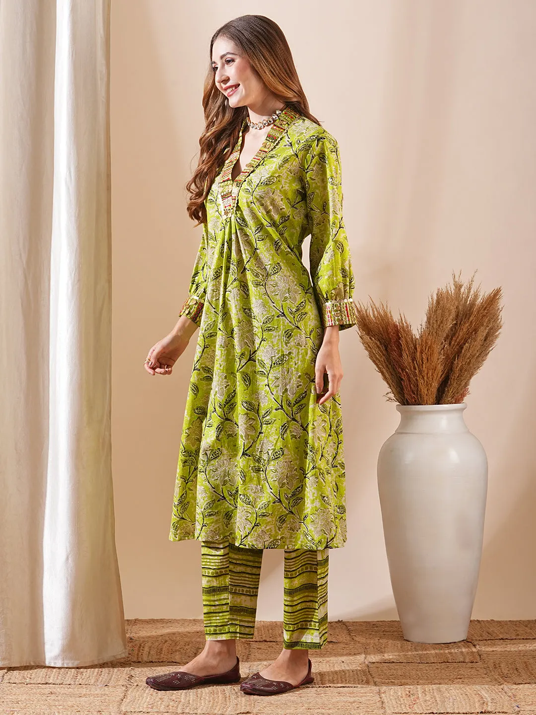 Abstract Floral Printed & Boho-Embroidered A-Line Kurta with Pant - Lime Green