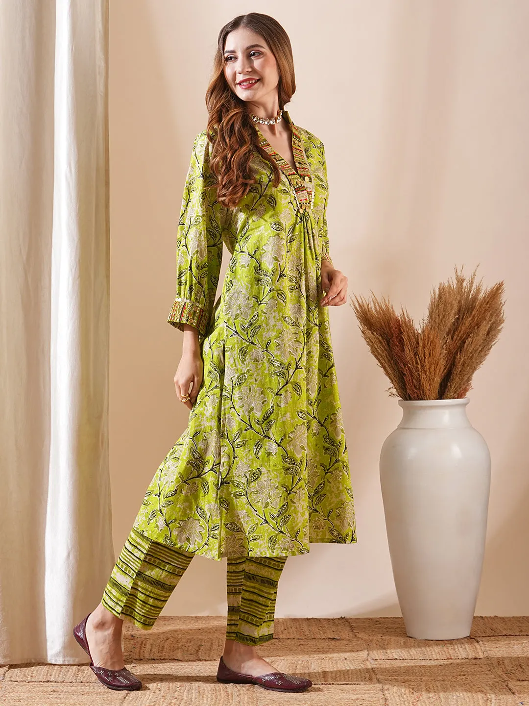 Abstract Floral Printed & Boho-Embroidered A-Line Kurta with Pant - Lime Green