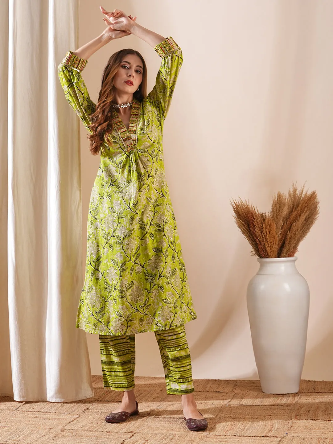 Abstract Floral Printed & Boho-Embroidered A-Line Kurta with Pant - Lime Green