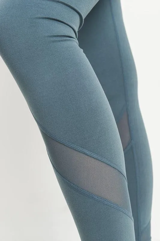 Active Hearts - Slanted Mesh Panels Full Length Sports Leggings in Light Teal