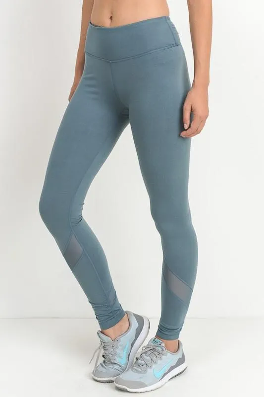 Active Hearts - Slanted Mesh Panels Full Length Sports Leggings in Light Teal