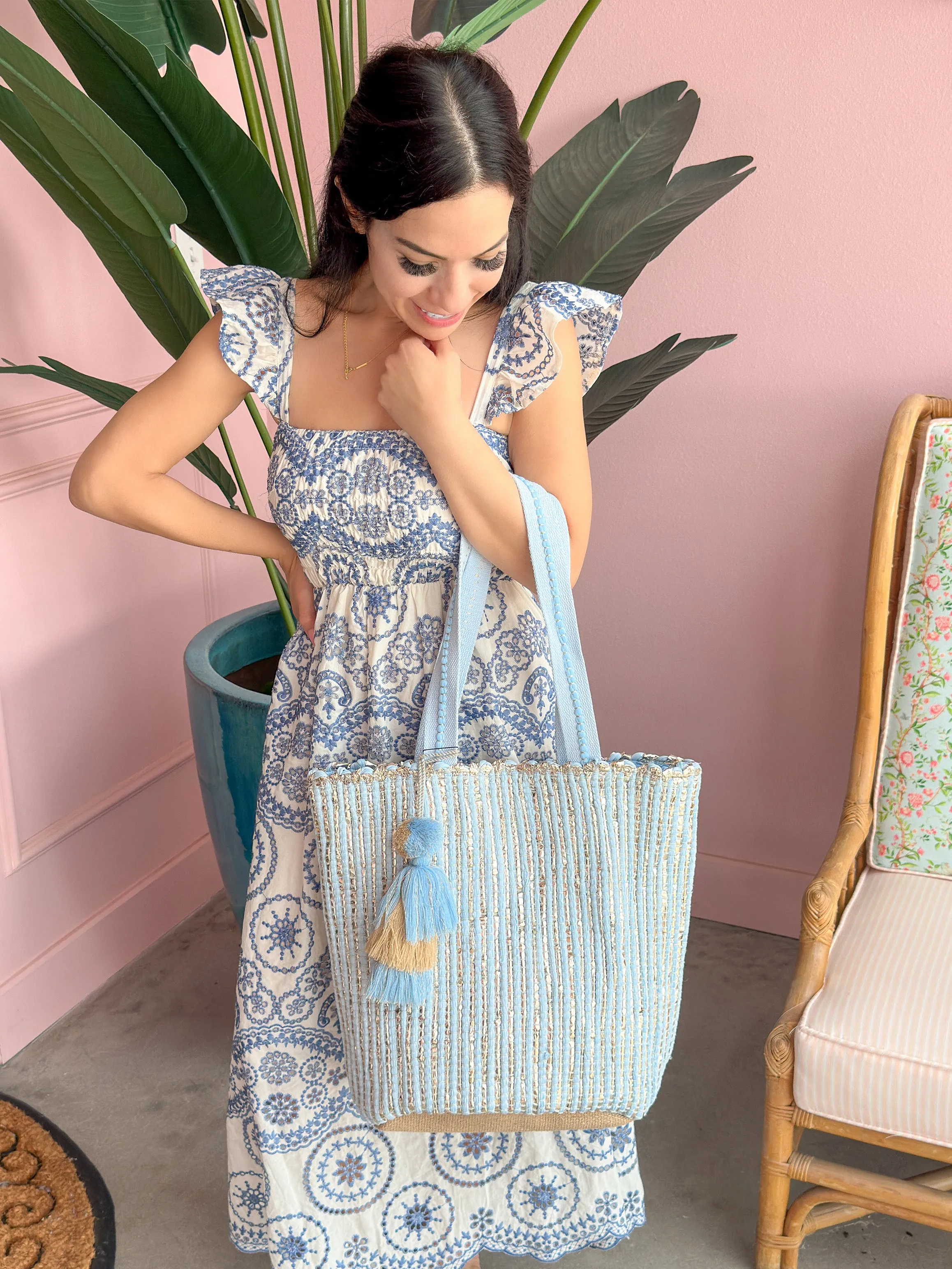 America & Beyond - Natural Beauty Hand Woven Light Blue Tote