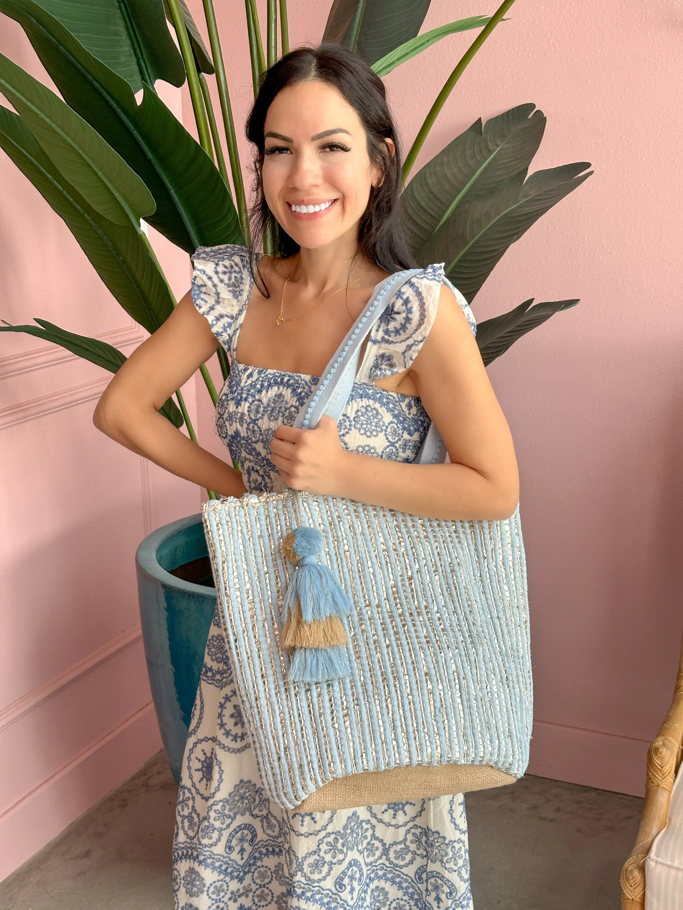 America & Beyond - Natural Beauty Hand Woven Light Blue Tote