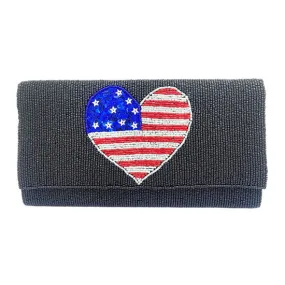 American USA Flag Heart Seed Beaded Clutch Crossbody Bag