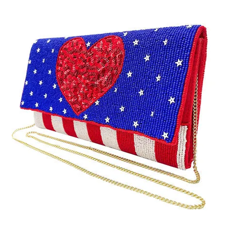 American USA Flag Heart Seed Beaded Clutch Crossbody Bag