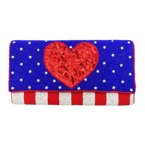 American USA Flag Heart Seed Beaded Clutch Crossbody Bag