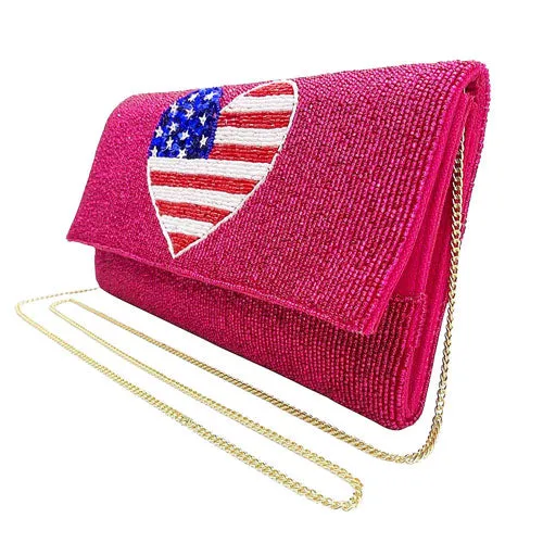 American USA Flag Heart Seed Beaded Clutch Crossbody Bag