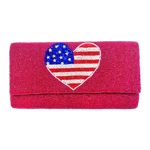 American USA Flag Heart Seed Beaded Clutch Crossbody Bag