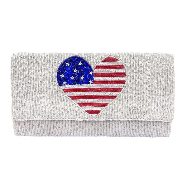 American USA Flag Heart Seed Beaded Clutch Crossbody Bag