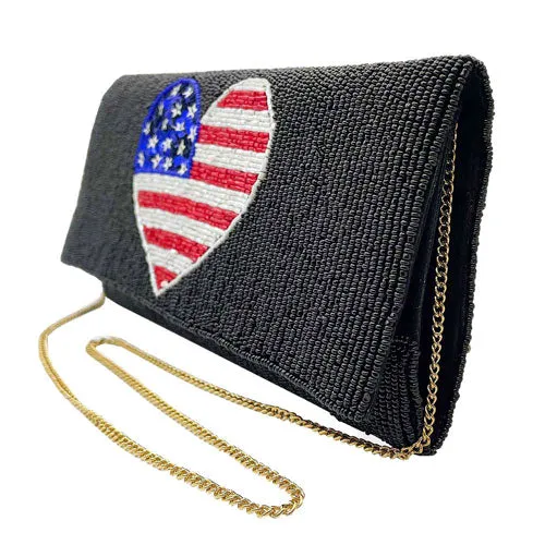 American USA Flag Heart Seed Beaded Clutch Crossbody Bag