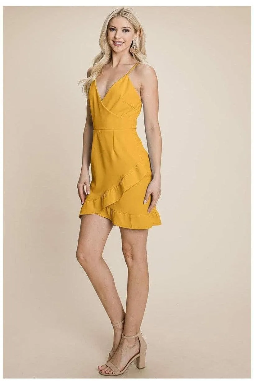 Asymmetrical Ruffle Hem Wrap Mini Dress