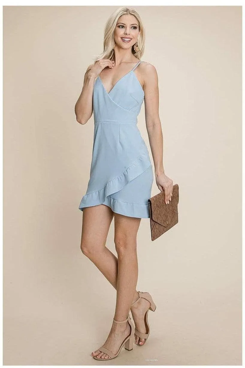 Asymmetrical Ruffle Hem Wrap Mini Dress