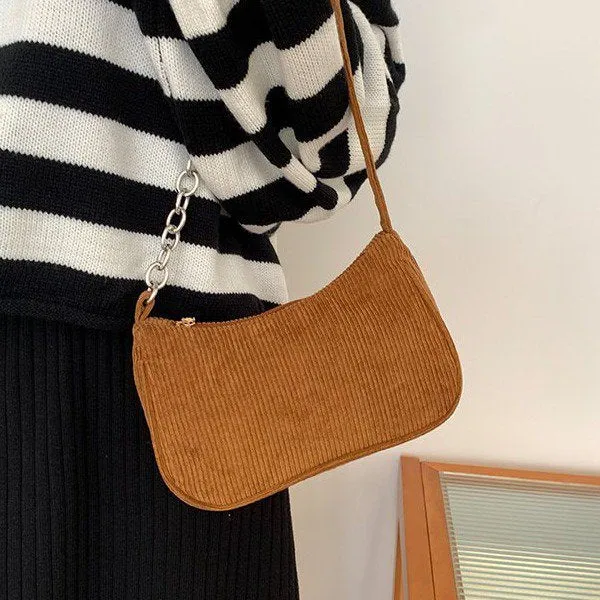 Autumn and Winter New Portable Small Square Bag Plush One-Shoulder Fashion Retro Corduroy Underarm Baguette Bag Handbag