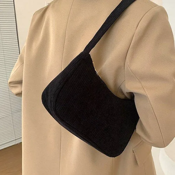 Autumn and Winter New Portable Small Square Bag Plush One-Shoulder Fashion Retro Corduroy Underarm Baguette Bag Handbag