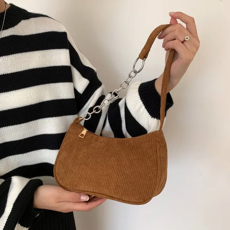 Autumn and Winter New Portable Small Square Bag Plush One-Shoulder Fashion Retro Corduroy Underarm Baguette Bag Handbag