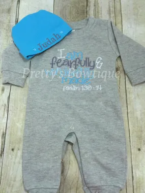 Baby Boy Coming Home Outfit -- I am fearfully &  wonderfully made  Romper with Hat with Embroidered Name