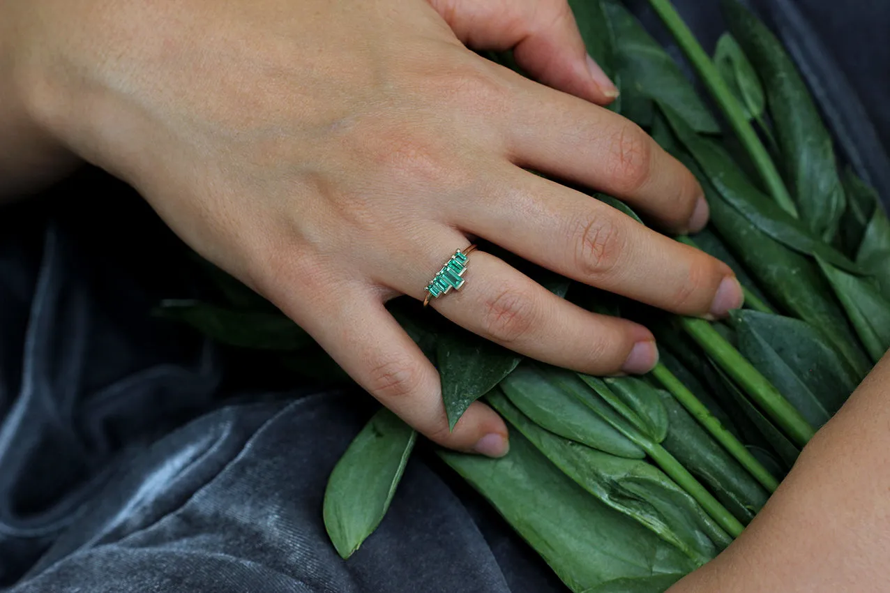 Baguette Cut Emeralds Engagement Ring - Art Deco Emerald Ring