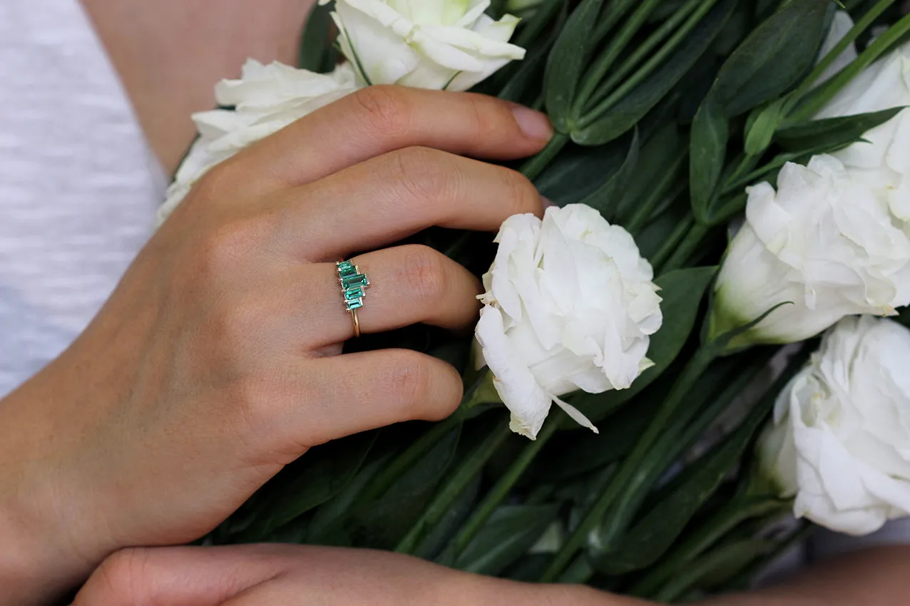 Baguette Cut Emeralds Engagement Ring - Art Deco Emerald Ring