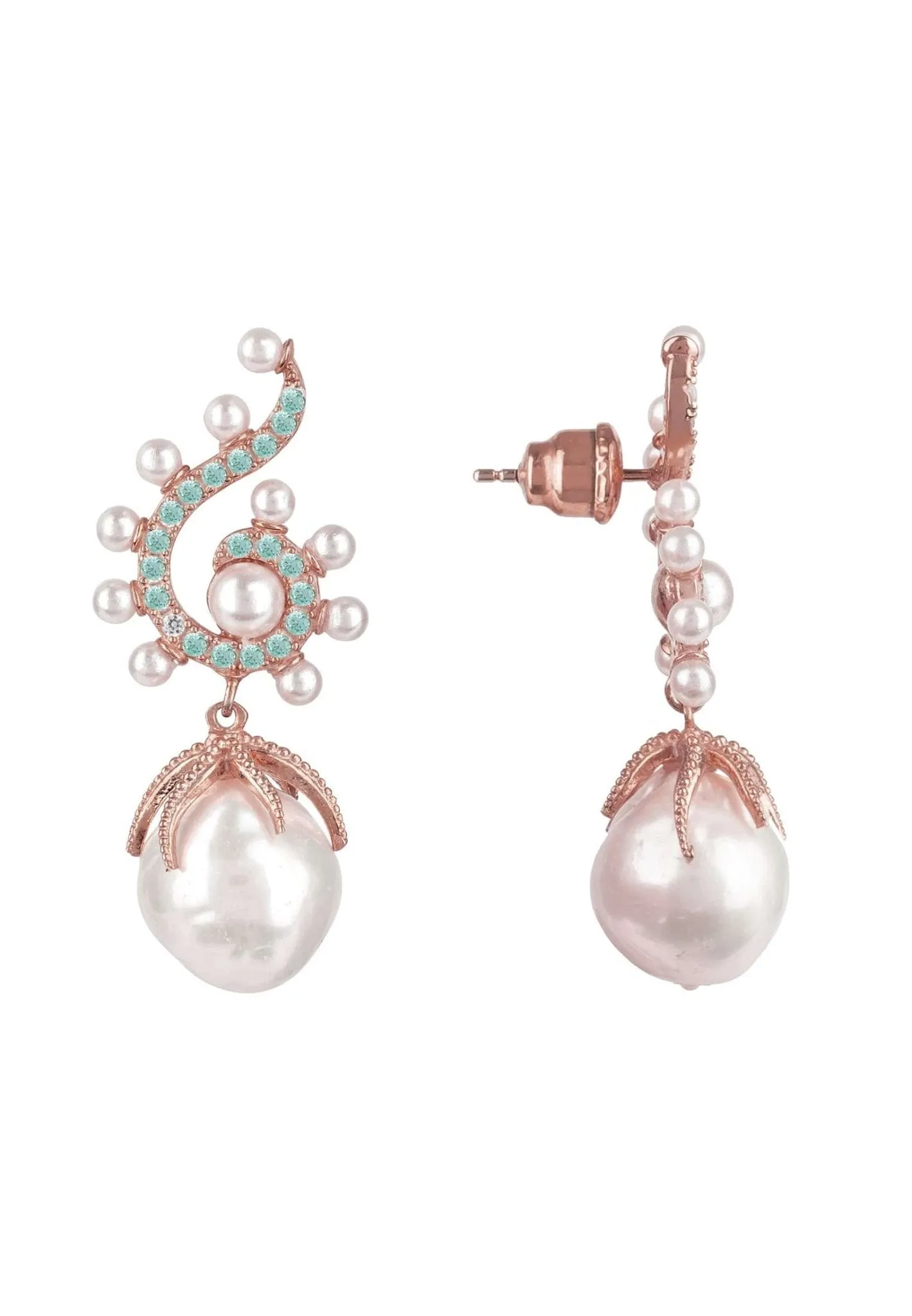 Baroque Pearl Poseidon Gemstone Drop Earrings Aqua Rosegold