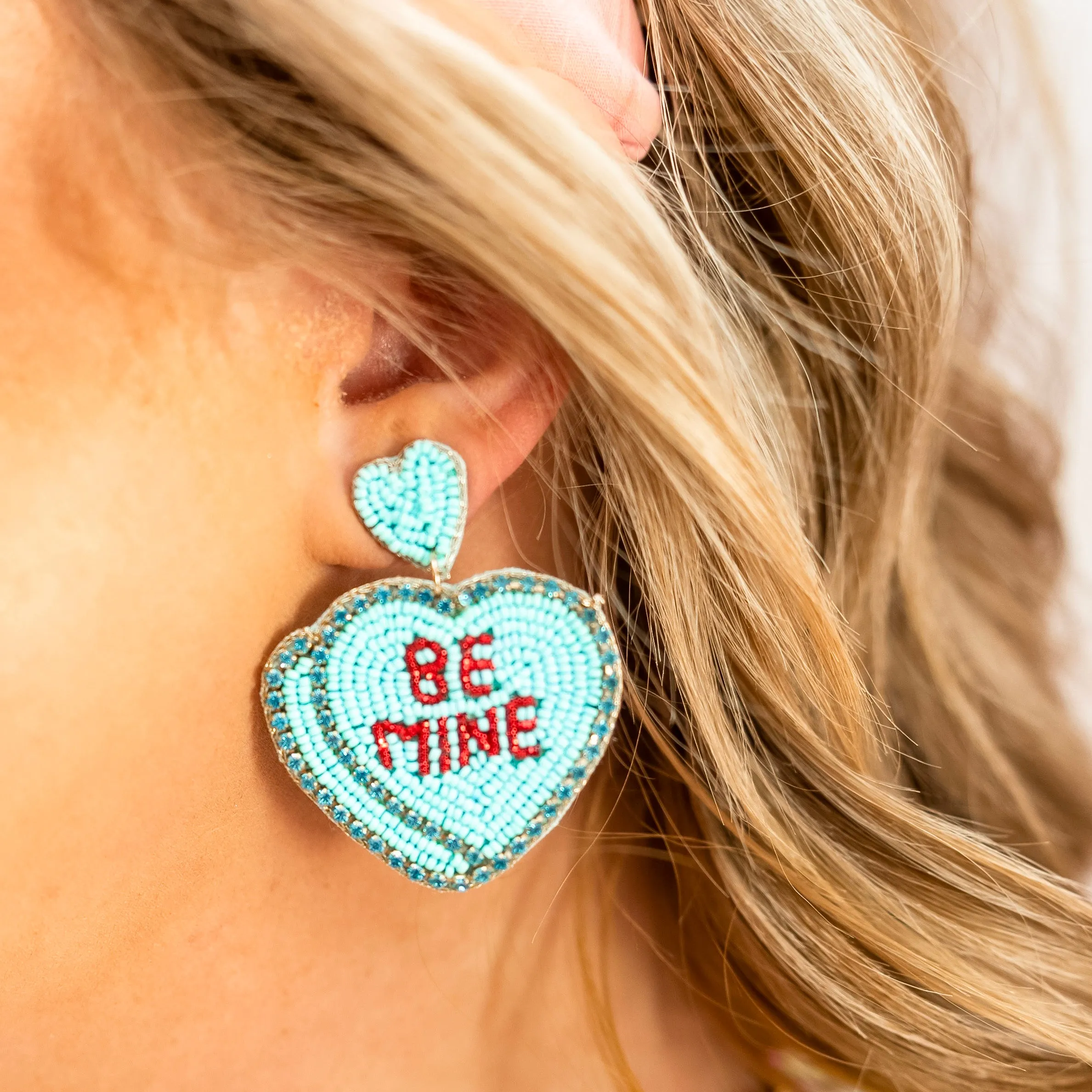 Be Mine Beaded Conversation Hearts Earrings in Light Blue