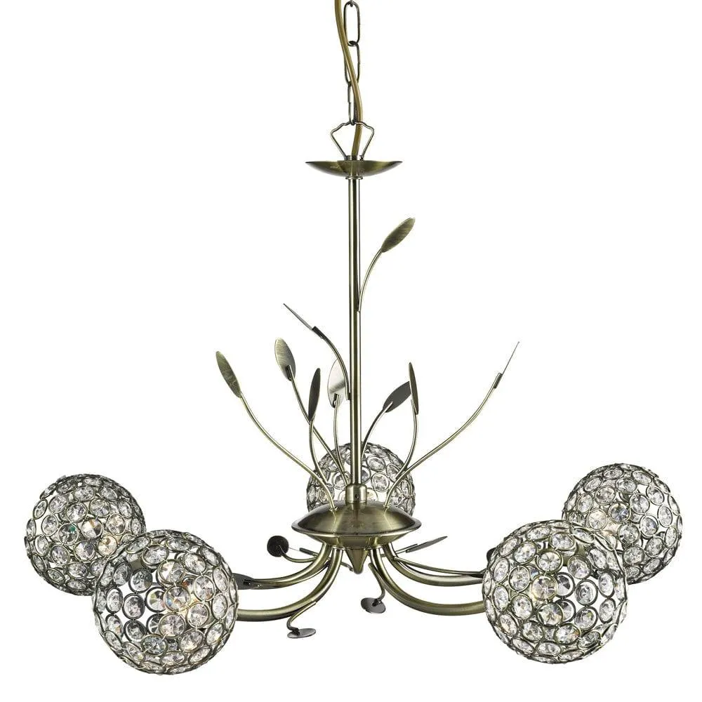 Bellis II 5 Light Brass Ceiling Pendant - Glass Deco Shade