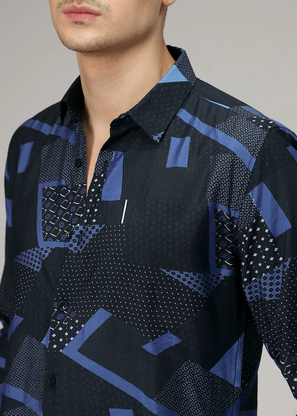 Blue Abstract Geometric Print Shirt