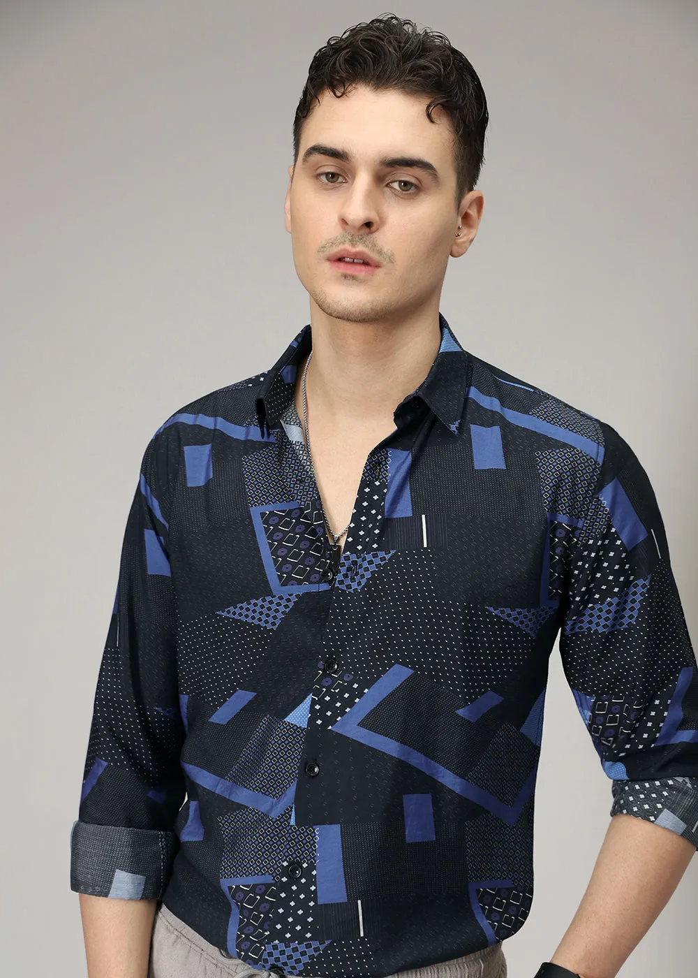 Blue Abstract Geometric Print Shirt