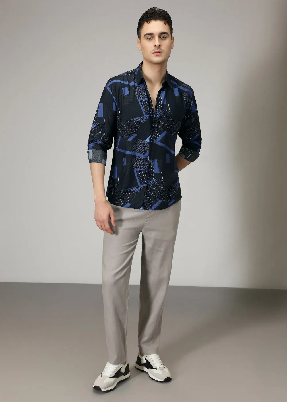 Blue Abstract Geometric Print Shirt