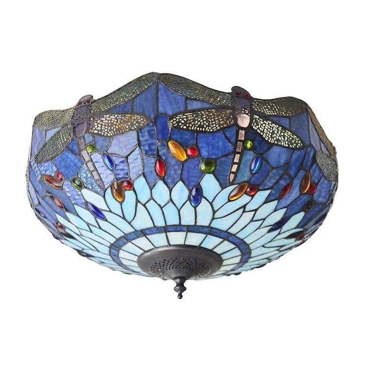 Blue Dragonfly Medium Flush Tiffany Ceiling Light