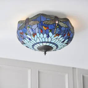 Blue Dragonfly Medium Flush Tiffany Ceiling Light