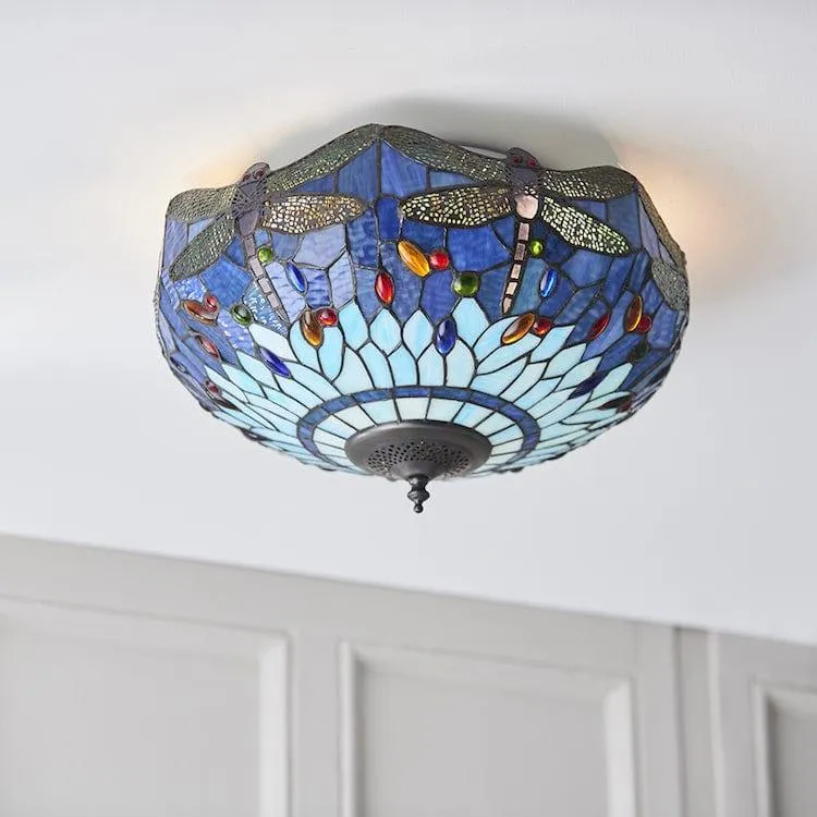 Blue Dragonfly Medium Flush Tiffany Ceiling Light