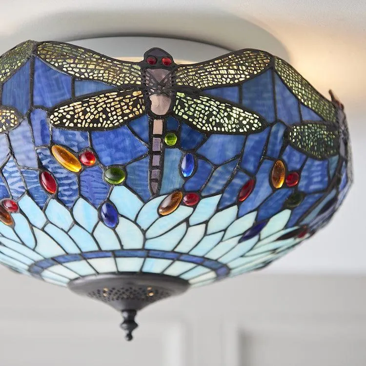 Blue Dragonfly Medium Flush Tiffany Ceiling Light